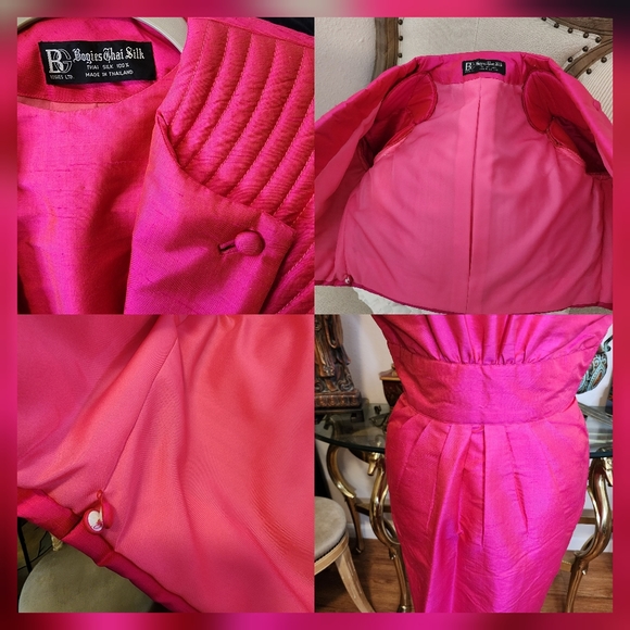 Vintage Pink Boogies Thai 100%  Puff Silk  Jacket  & Dress Set - Picture 10 of 17